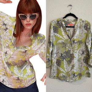 Vilagallo Women's Tunic Medium Green & White Stretch Cotton Tropical Floral